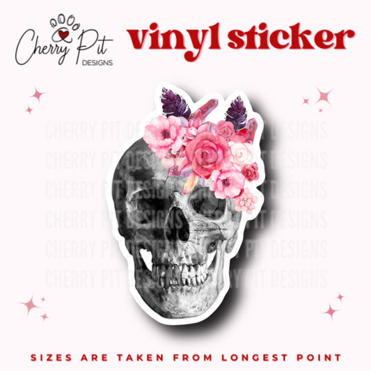 Floral Crystal Skull Vinyl Sticker - Cherry Pit Designs