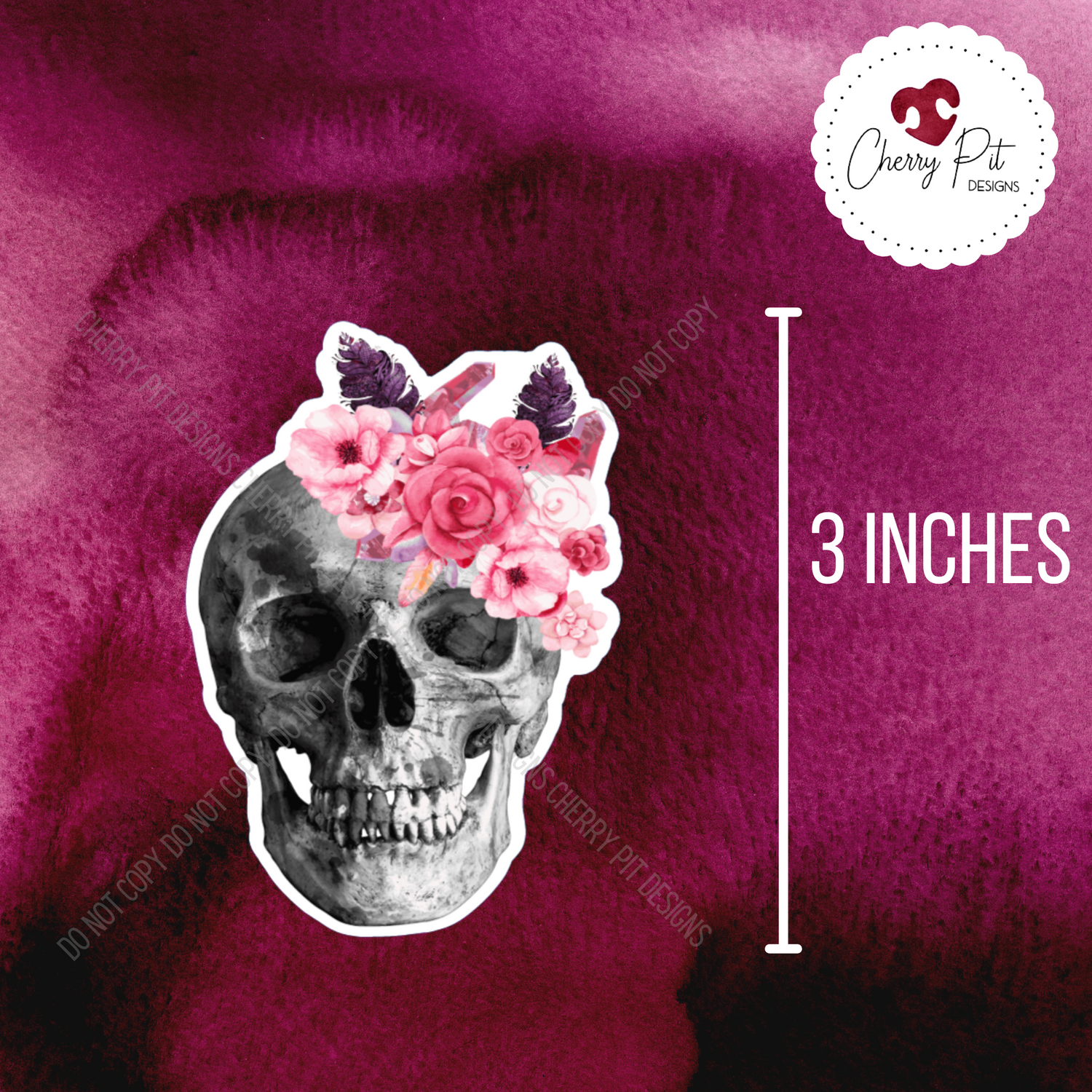 Floral Crystal Skull Vinyl Sticker Decal - Cherry Pit Designs