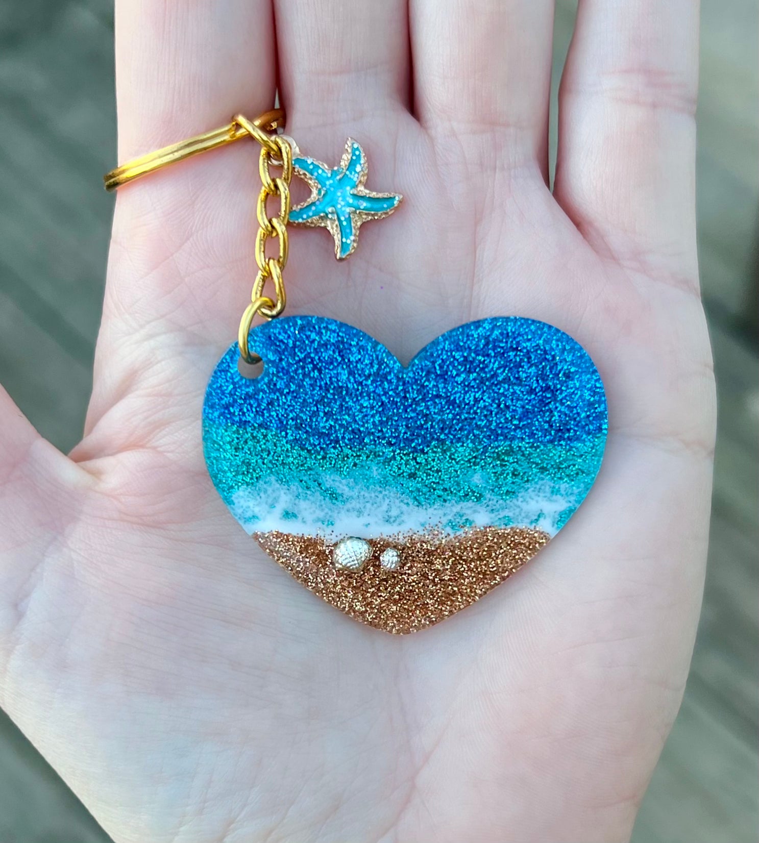 Beach Ocean Heart Keychain 2 Inch Cherry Pit Designs
