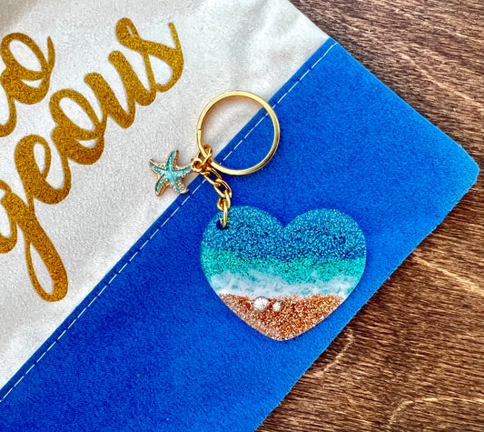Beach Ocean Heart Keychain - 2 Inch