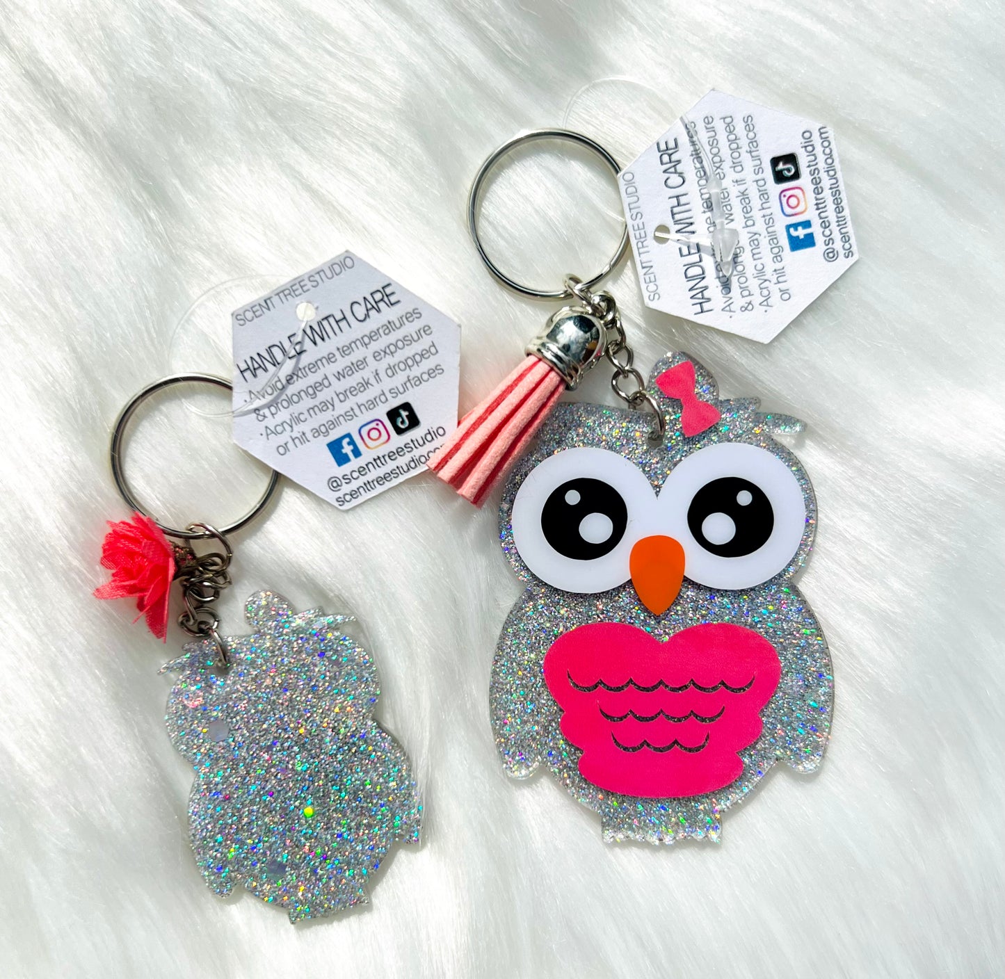 Watercolor Coral Owl Keychain - 2 or 3 Inch - Scent Tree Studio
