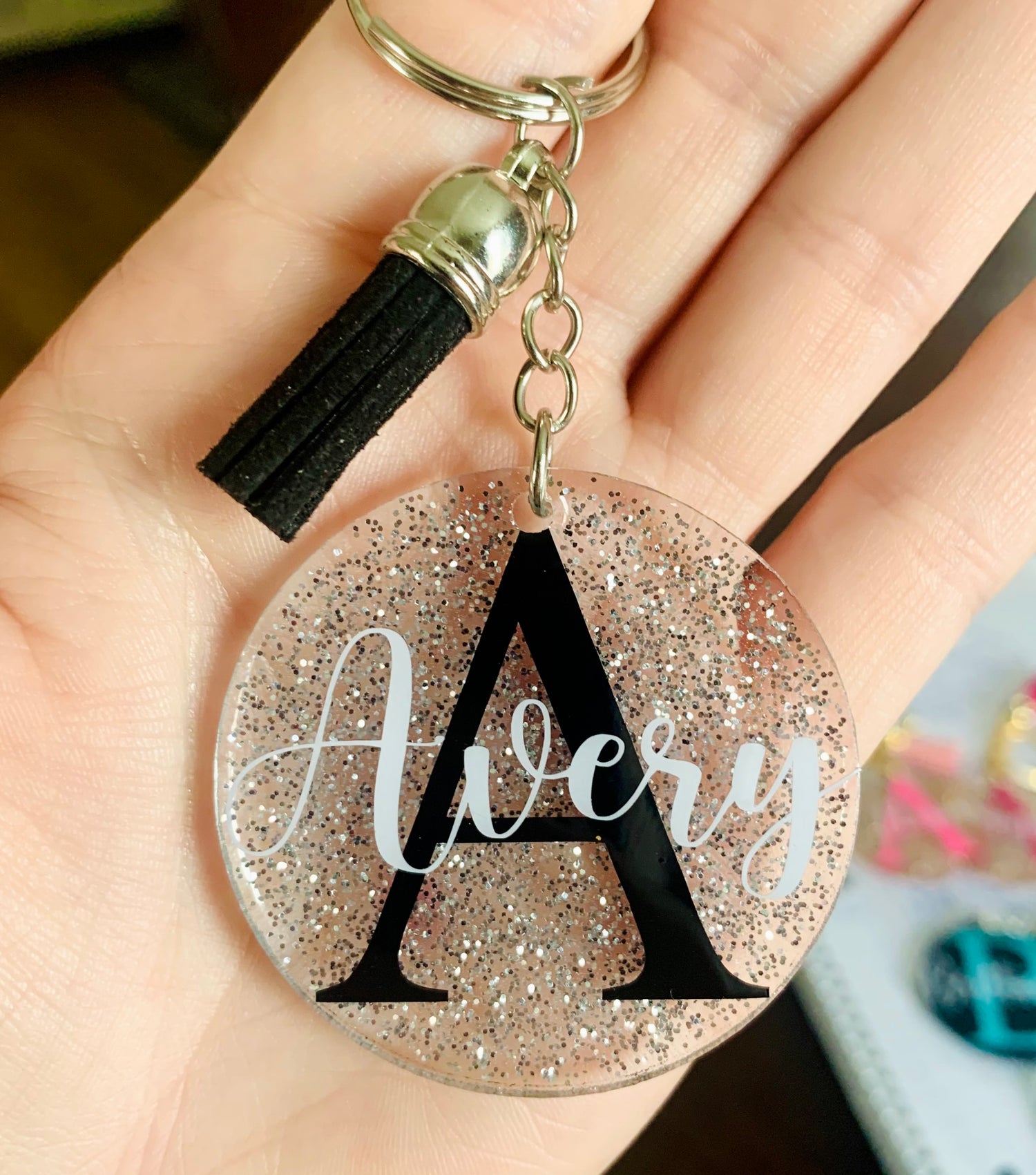 Resin Keychain Glitter Personalized Name Initial Keychain Inch
