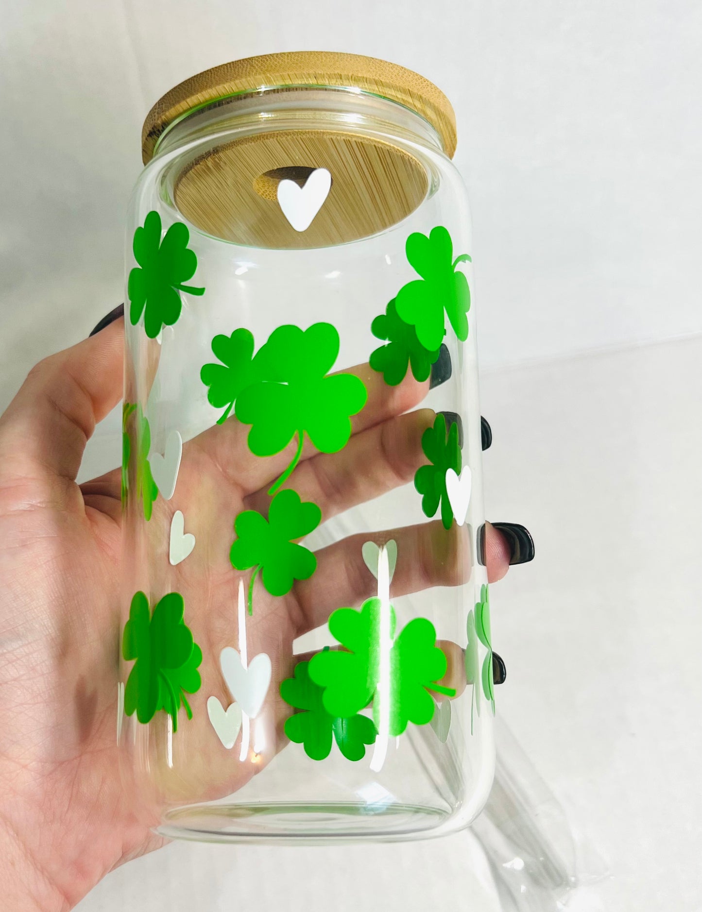 Shamrock Hearts Glass Can - Cherry Pit Designs