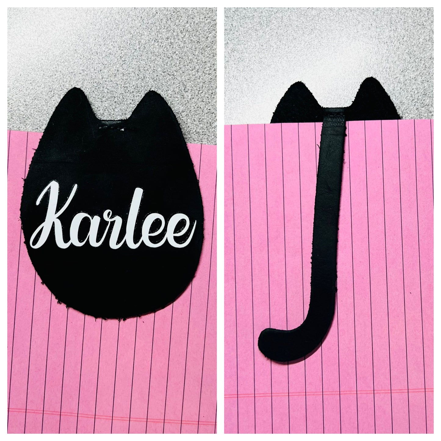 Personalized Leather Cat Bookmark - Black