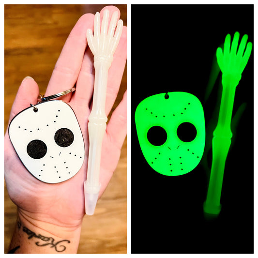 GLOW Hockey Mask Keychain AND Skeleton Pen SET